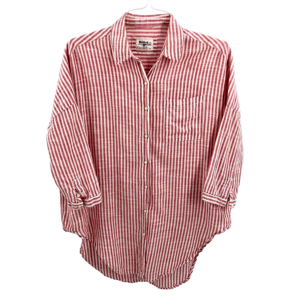 Anthropologie Holding Horses Striped Oversized Blouse Button Front Cotton